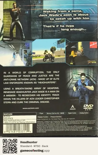 Headhunter PlayStation 2, NTSC box back