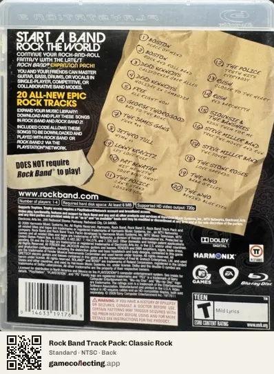 Rock Band Track Pack: Classic Rock PlayStation 3, NTSC box back