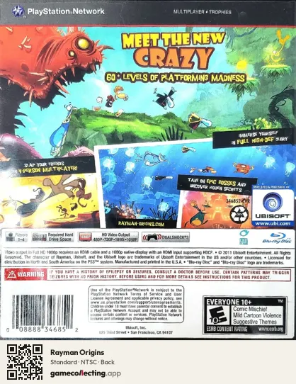 Rayman Origins PlayStation 3, NTSC box back