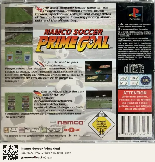 Namco Soccer Prime Goal PlayStation, United Kingdom box back