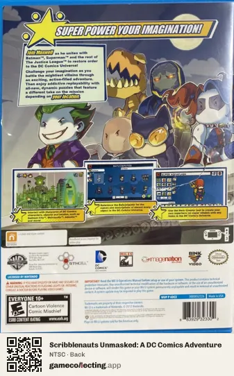 Scribblenauts Unmasked: A DC Comics Adventure Nintendo Wii U, NTSC box back