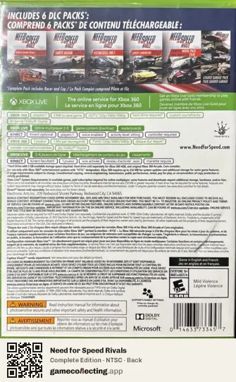 Need for Speed Rivals Xbox 360, NTSC box back