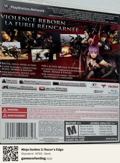 Ninja Gaiden 3: Razor's Edge PlayStation 3, NTSC box back