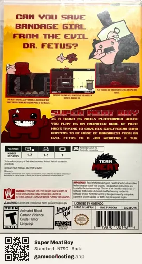 Super Meat Boy Nintendo Switch, NTSC box back