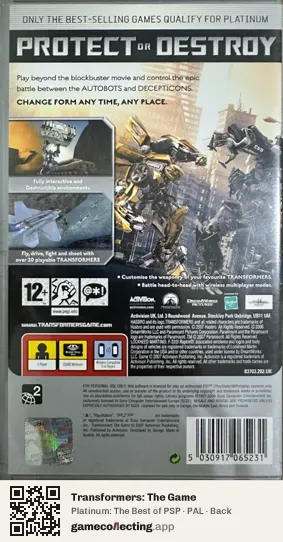 Transformers: The Game PlayStation Portable, PAL box back