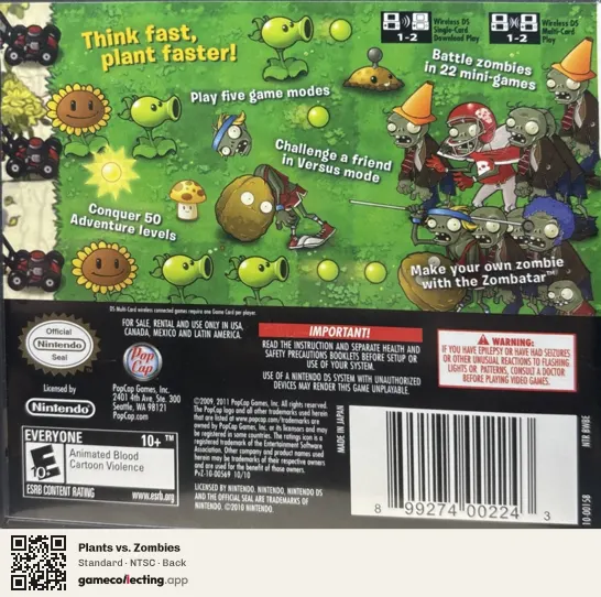 Plants vs. Zombies Nintendo DS, NTSC box back