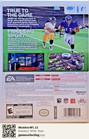 Madden NFL 12 Nintendo Wii, NTSC box back