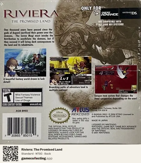 Riviera: The Promised Land Game Boy Advance, NTSC box back