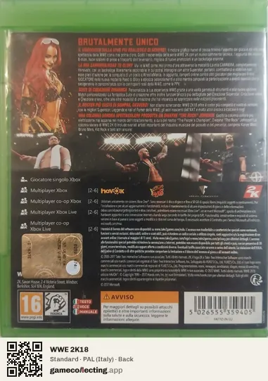 WWE 2K18 Xbox One, Italy box back