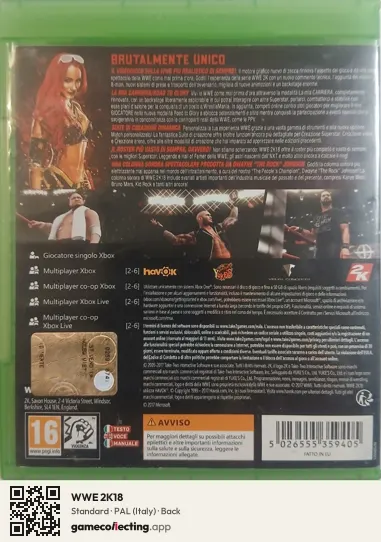 WWE 2K18 Xbox One, Italy box back