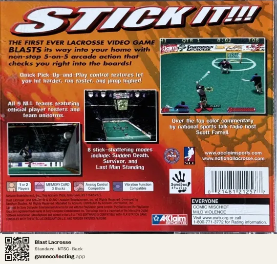 Blast Lacrosse PlayStation, NTSC box back