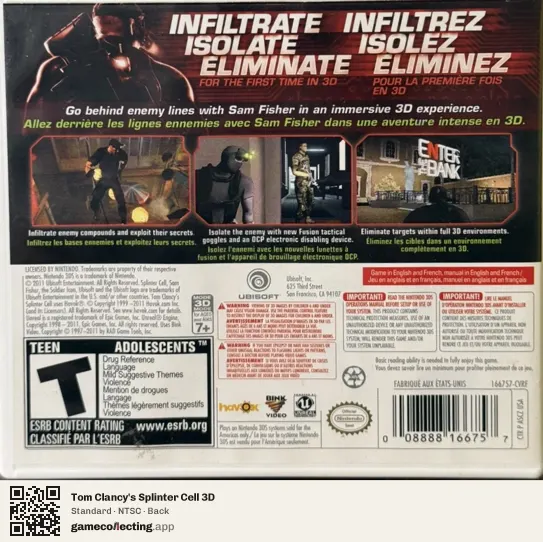Tom Clancy's Splinter Cell 3D Nintendo 3DS, NTSC box back