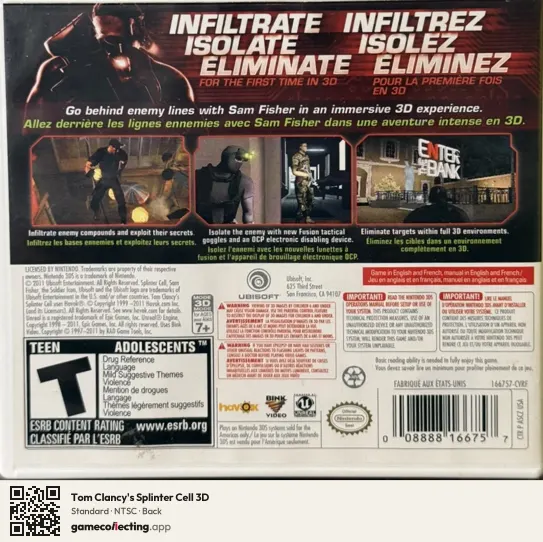 Tom Clancy's Splinter Cell 3D Nintendo 3DS, NTSC box back