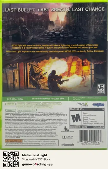 Metro: Last Light Xbox 360, NTSC box back