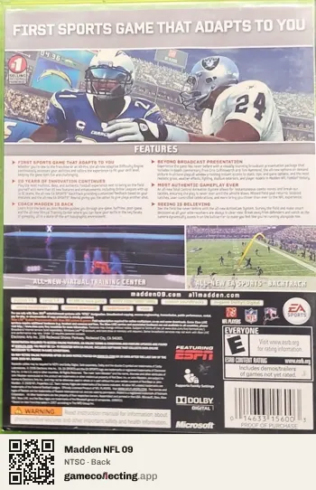 Madden NFL 09 Xbox 360, NTSC box back