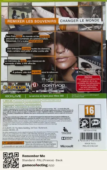 Remember Me Xbox 360, France box back