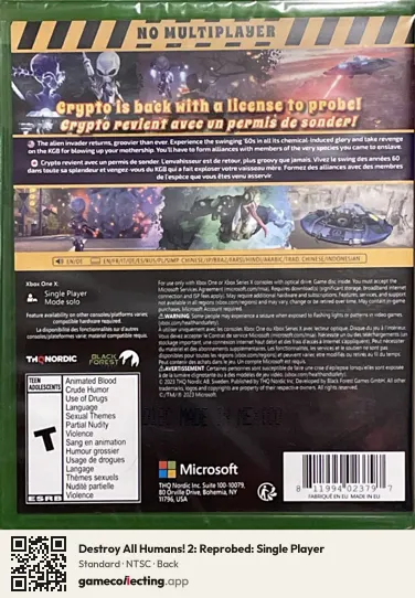 Destroy All Humans! 2: Reprobed: Single Player Xbox One, NTSC box back
