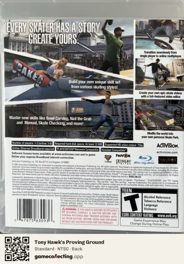 Tony Hawk's Proving Ground PlayStation 3, NTSC box back