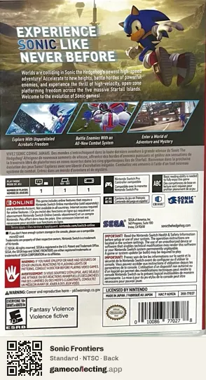 Sonic Frontiers Nintendo Switch, NTSC box back