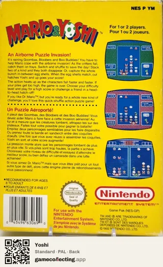 Yoshi Nintendo Entertainment System, PAL box back