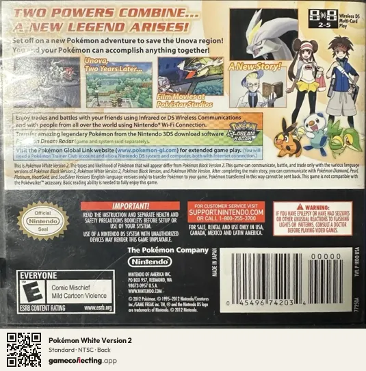 Pokémon White Version 2 Nintendo DS, NTSC box back