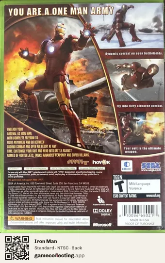 Iron Man Xbox 360, NTSC box back