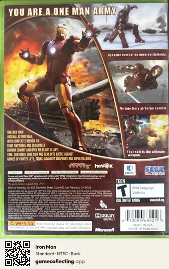 Iron Man Xbox 360, NTSC box back