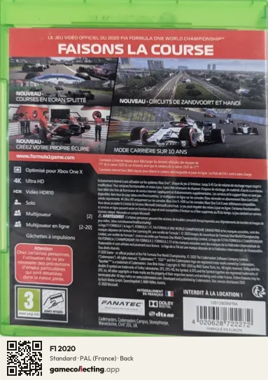 F1 2020 Xbox One, France box back