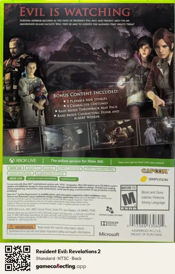 Resident Evil: Revelations 2 Xbox 360, NTSC box back