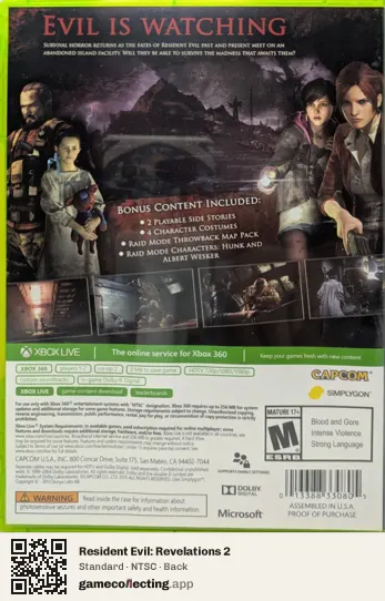 Resident Evil: Revelations 2 Xbox 360, NTSC box back
