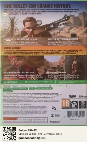 Sniper Elite III Xbox 360, Germany box back