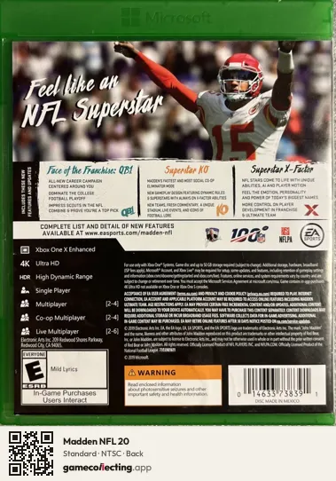 Madden NFL 20 Xbox One, NTSC box back