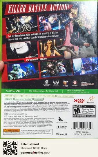Killer Is Dead Xbox 360, NTSC box back