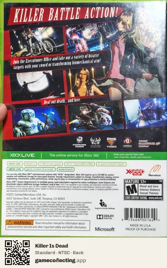Killer Is Dead Xbox 360, NTSC box back