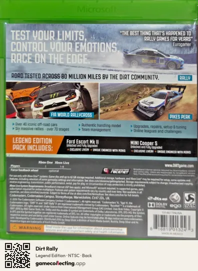 Dirt Rally Xbox One, NTSC box back