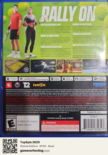 TopSpin 2K25 PlayStation 5, NTSC box back