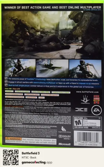 Battlefield 3 Xbox 360, NTSC box back