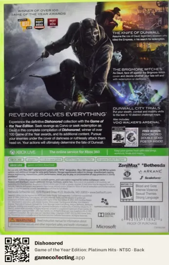 Dishonored Xbox 360, NTSC box back
