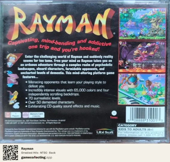 Rayman PlayStation, NTSC box back