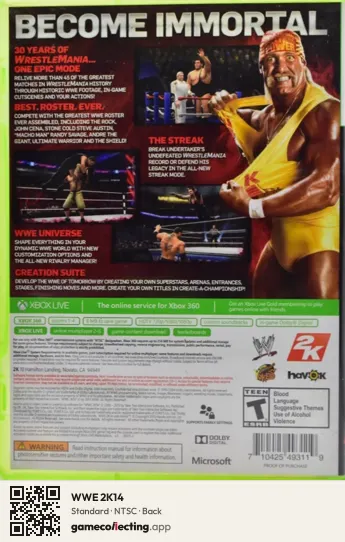 WWE 2K14 Xbox 360, NTSC box back