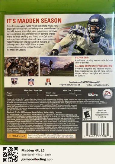 Madden NFL 15 Xbox One, NTSC box back