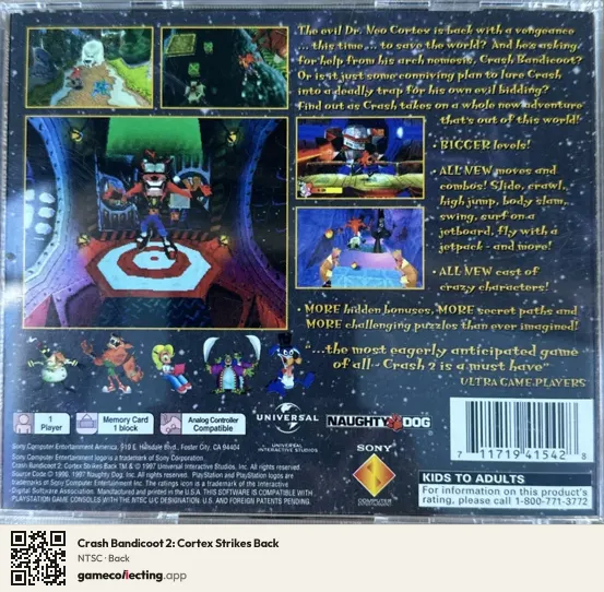 Crash Bandicoot 2: Cortex Strikes Back PlayStation, NTSC box back