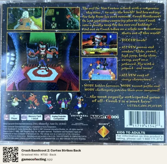 Crash Bandicoot 2: Cortex Strikes Back PlayStation, NTSC box back
