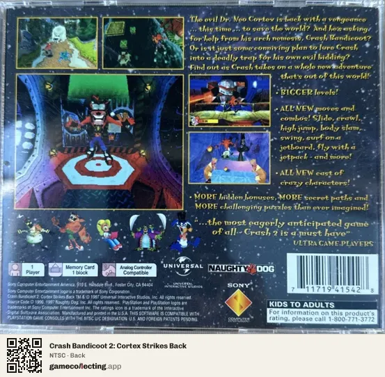 Crash Bandicoot 2: Cortex Strikes Back PlayStation, NTSC box back