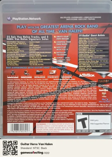 Guitar Hero: Van Halen PlayStation 3, NTSC box back