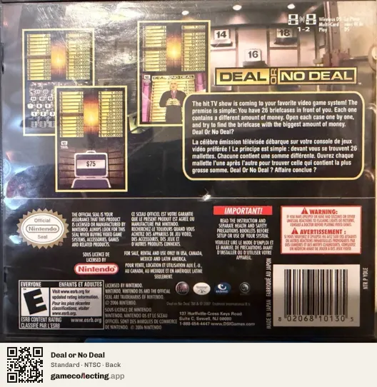 Deal or No Deal Nintendo DS, NTSC box back
