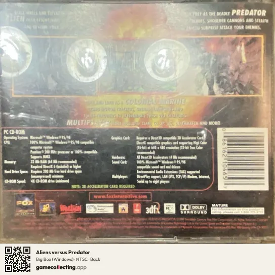 Aliens versus Predator Computer, NTSC box back