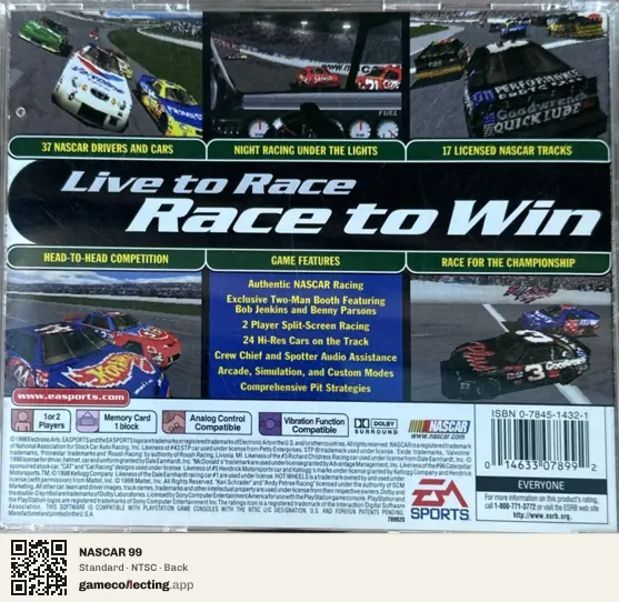 NASCAR 99 PlayStation, NTSC box back