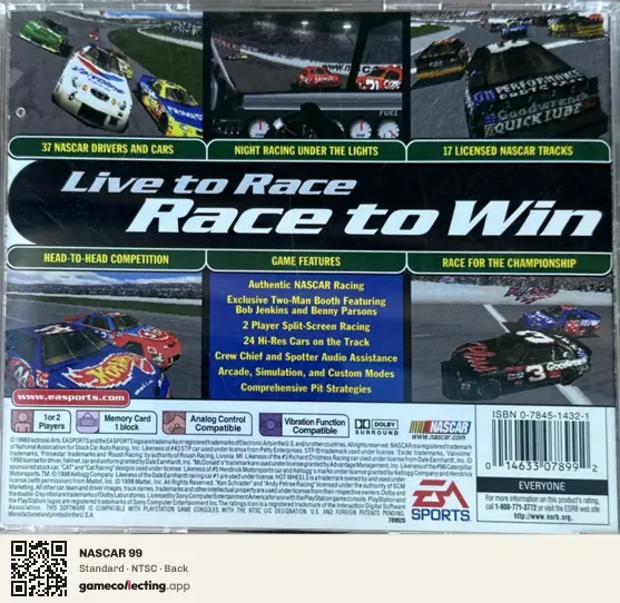 NASCAR 99 PlayStation, NTSC box back