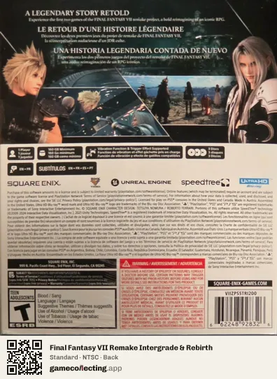 Final Fantasy VII Remake Intergrade & Rebirth PlayStation 5, NTSC box back